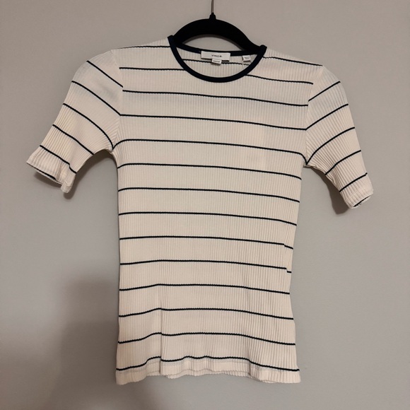 Vince Ribbed Elbow Sleeve Top XXS NWT Cream Blue Luxury Knit Tee - Picture 2 of 13